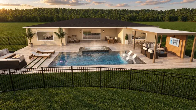 Render of the Gorrepati pool and spa, view 01 (day aerial)