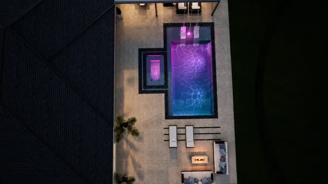Render of the Gorrepati pool and spa, view 11 (night aerial)